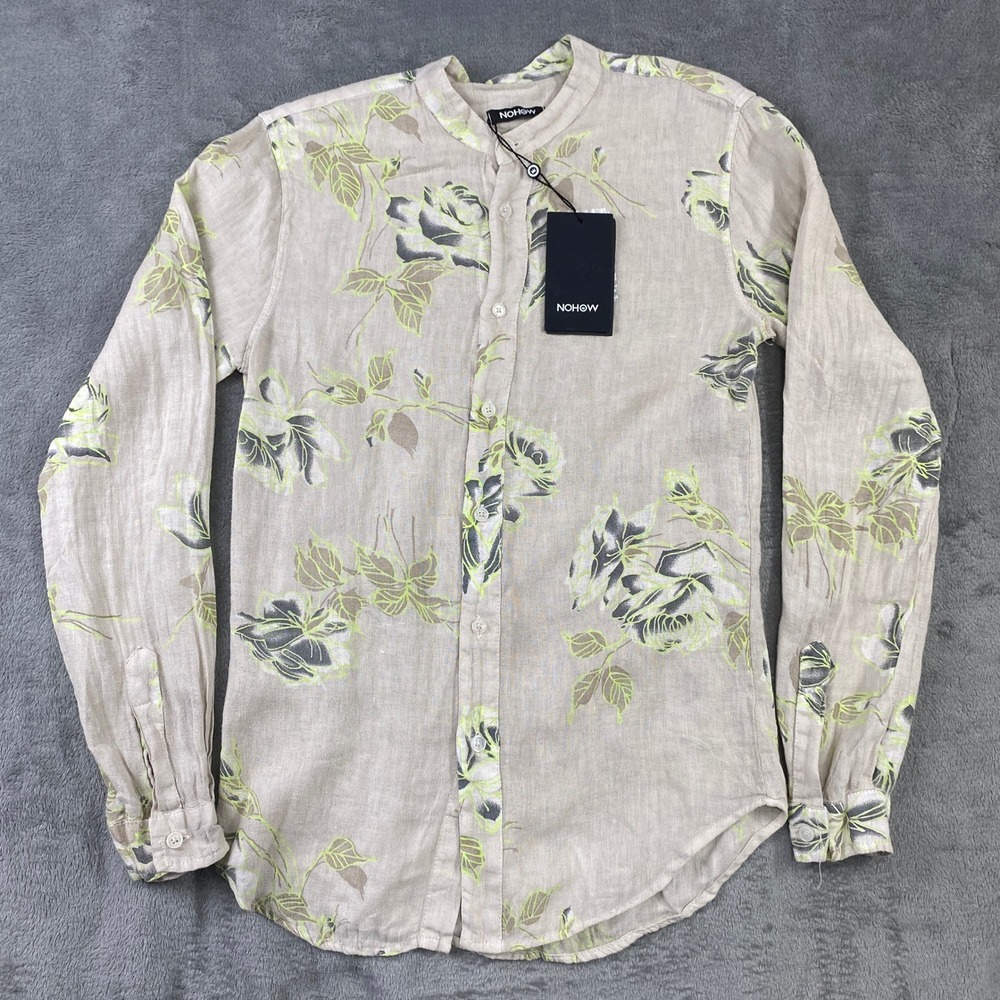 NOHOW Mens S Linen Floral Shirt Band Collar Beige Tropical Hawaiian Italy‎ NEW